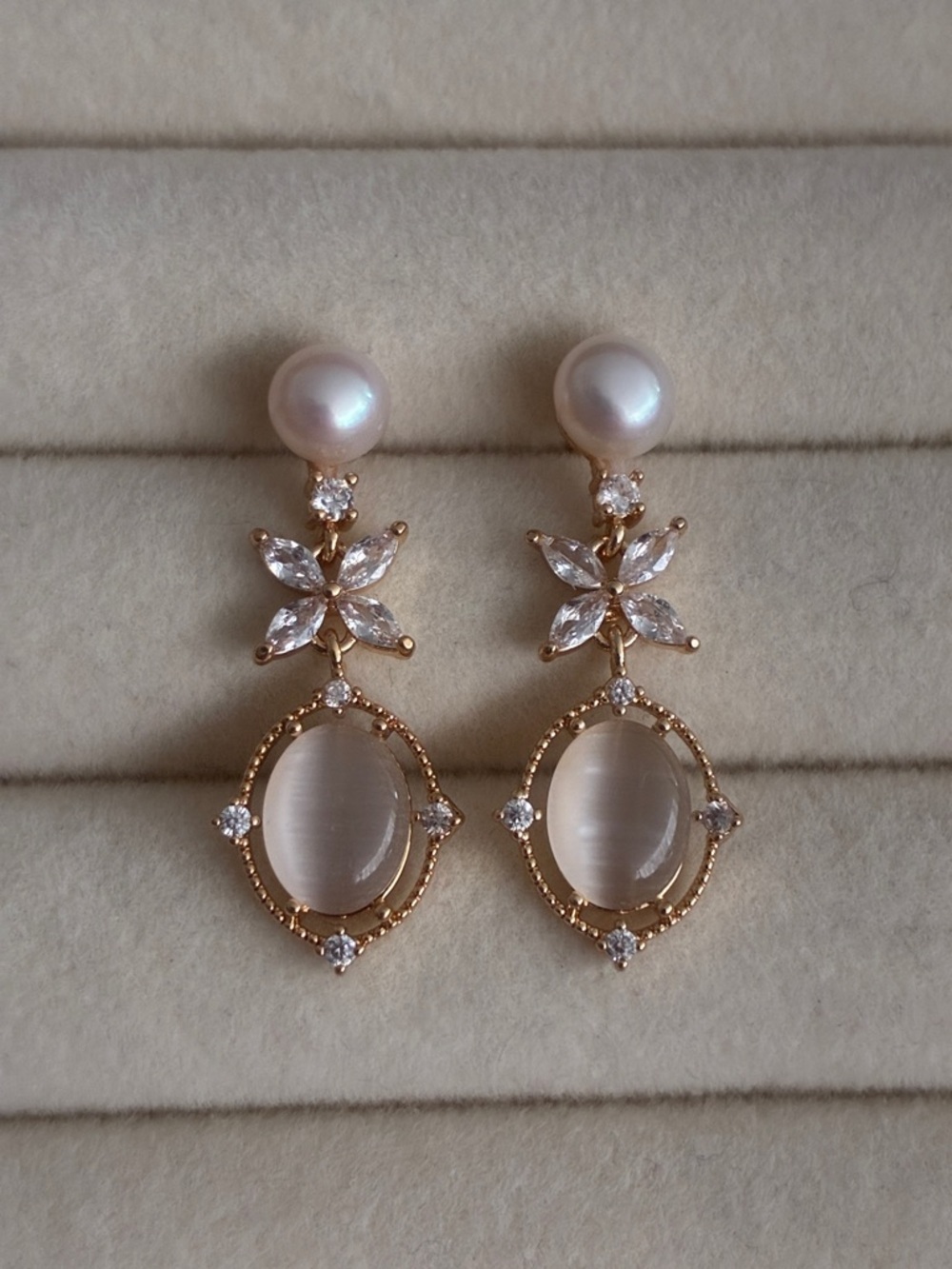 Pearl & Cat’s Eye Drop Earrings, Rose Gold Floral CZ Dangle, Bridal Gift for Her